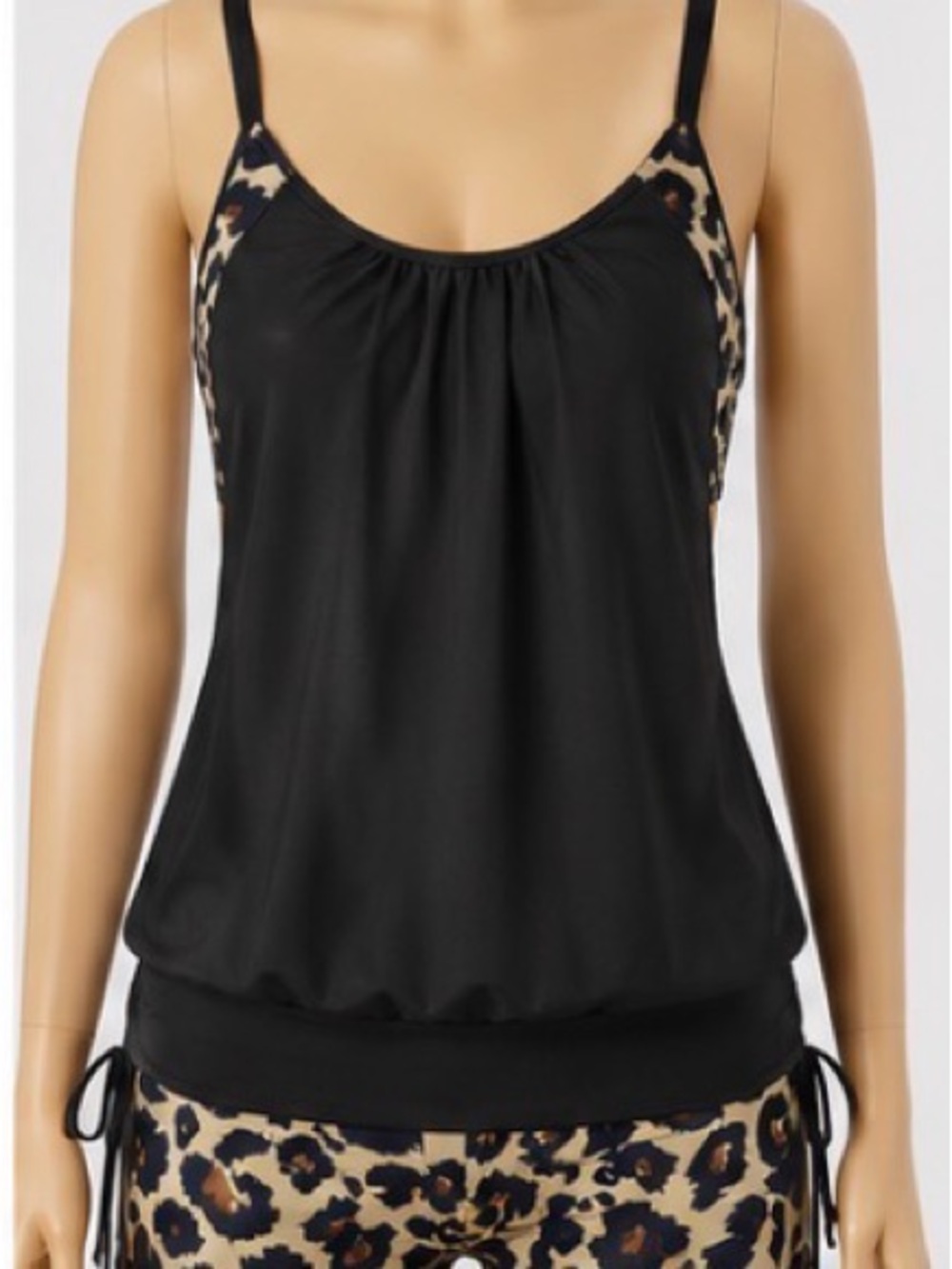 Black Tankini Top with Leopard Trim - Women Swim Bikini